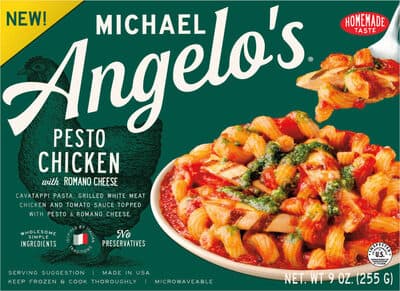 Microwaveable pesto chicken with romano cheese cavatappi pasta