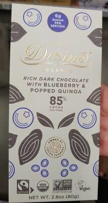 Rich dark chocolate with blueberry and popped quinoa